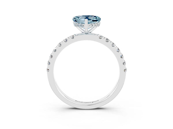 Silver Heart Cut Aquamarine Pave Band Solitaire Ring with Round  and Prong Setting