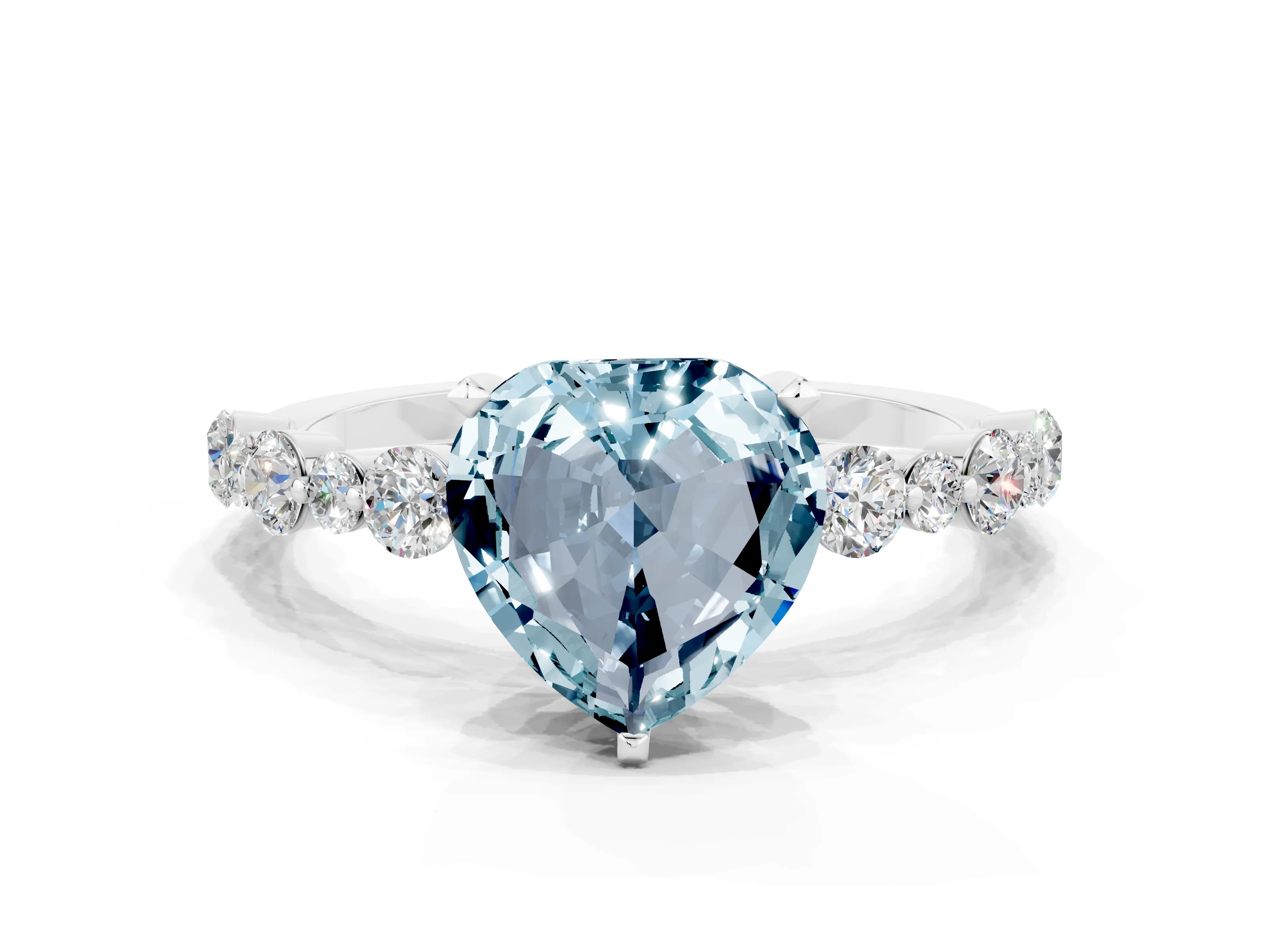 White gold Heart Cut Aquamarine Prong Set Engagement Ring with Pavé Band