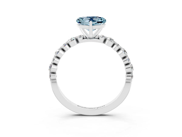 White gold Heart Cut Aquamarine Prong Set Engagement Ring with Pavé Band