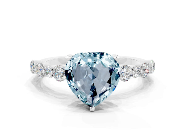 Silver Heart Cut Aquamarine Prong Set Engagement Ring with Pavé Band