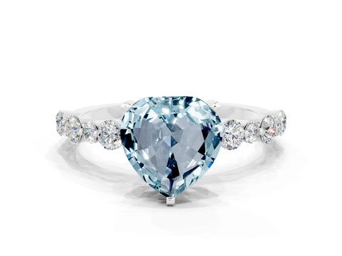 White gold Heart Cut Aquamarine Prong Set Engagement Ring with Pavé Band