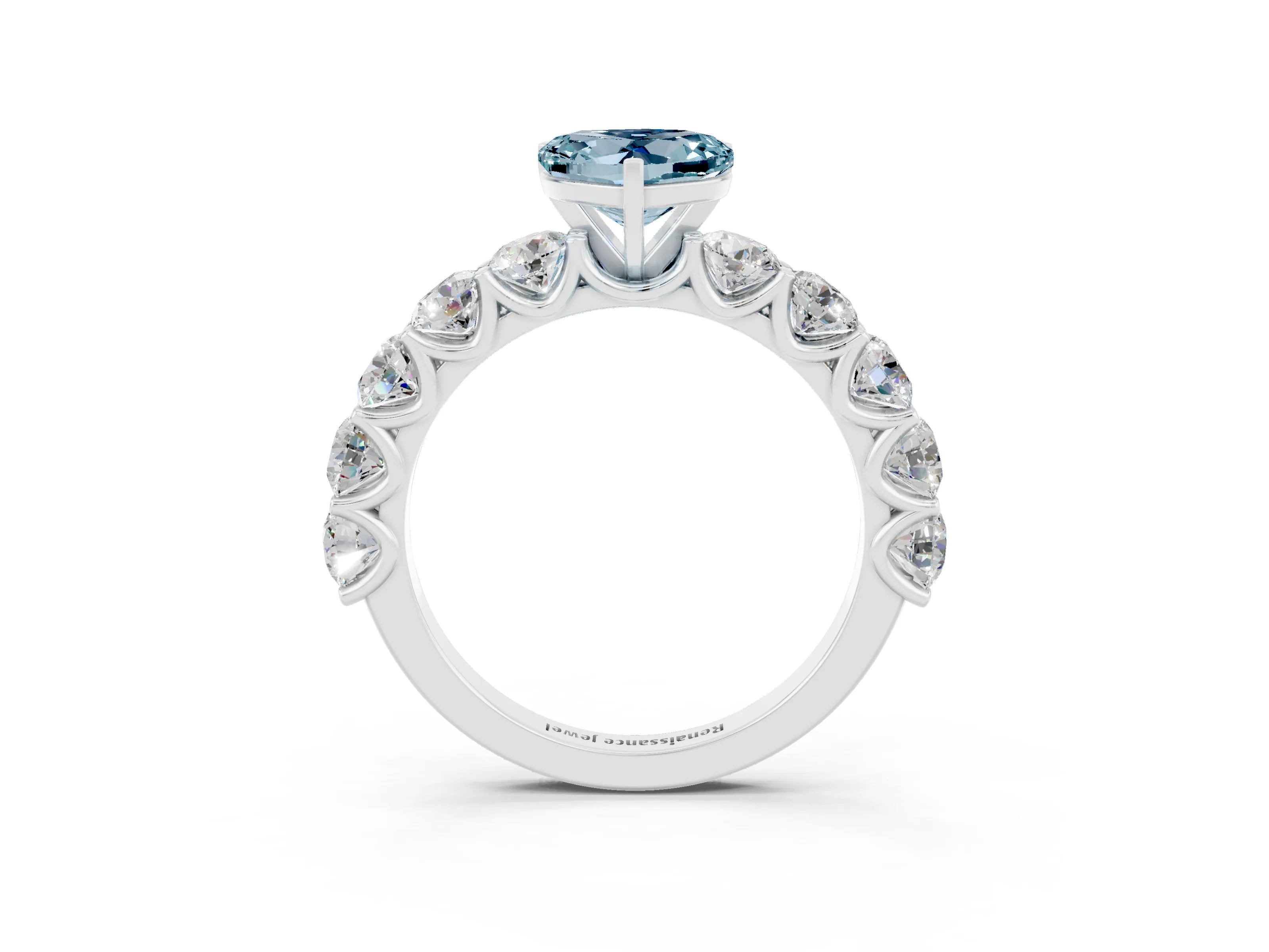 White gold Heart Cut Aquamarine Prong Setting with Side Stones on a Pave Band_3