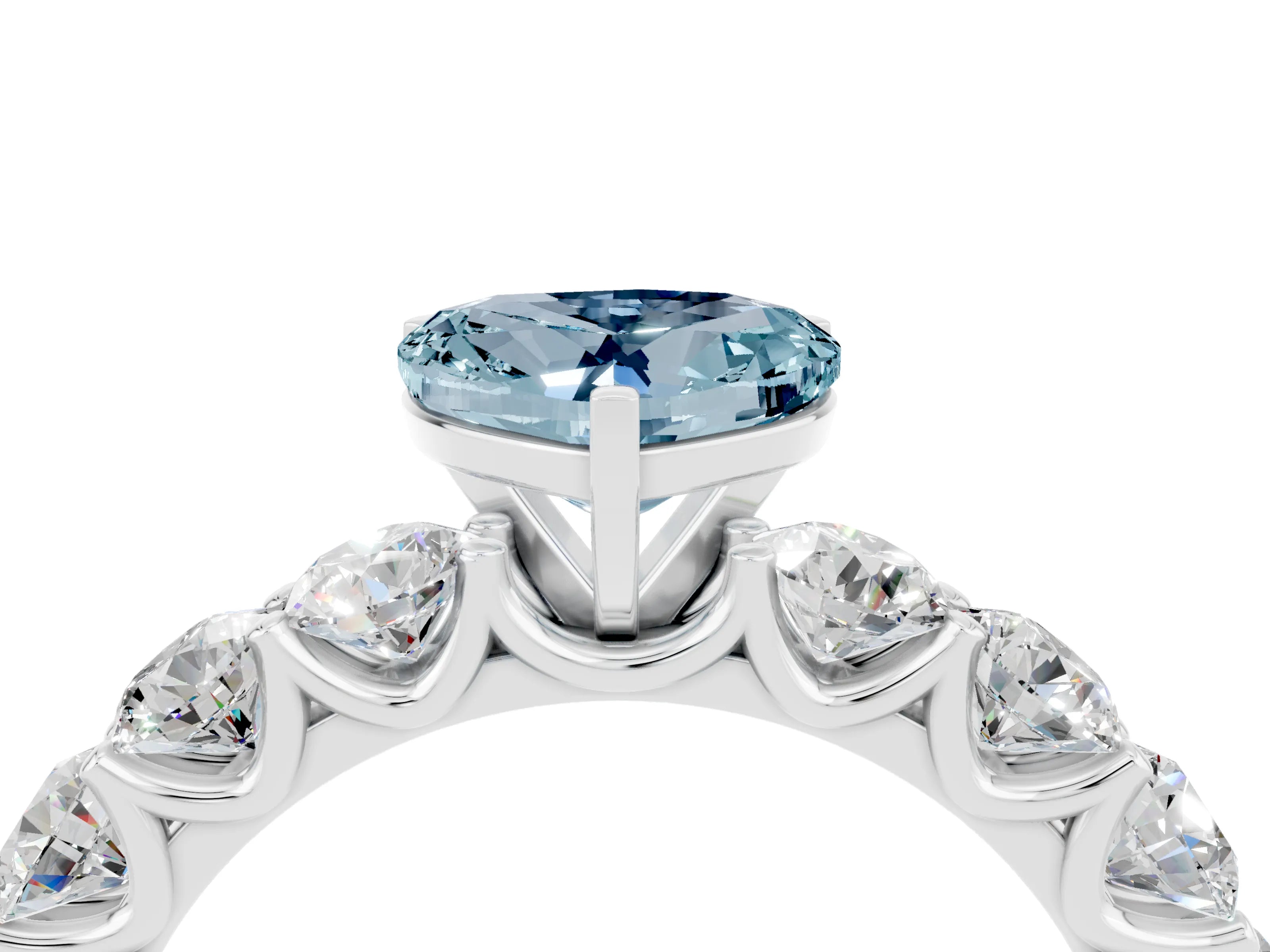 White gold Heart Cut Aquamarine Prong Setting with Side Stones on a Pave Band_4