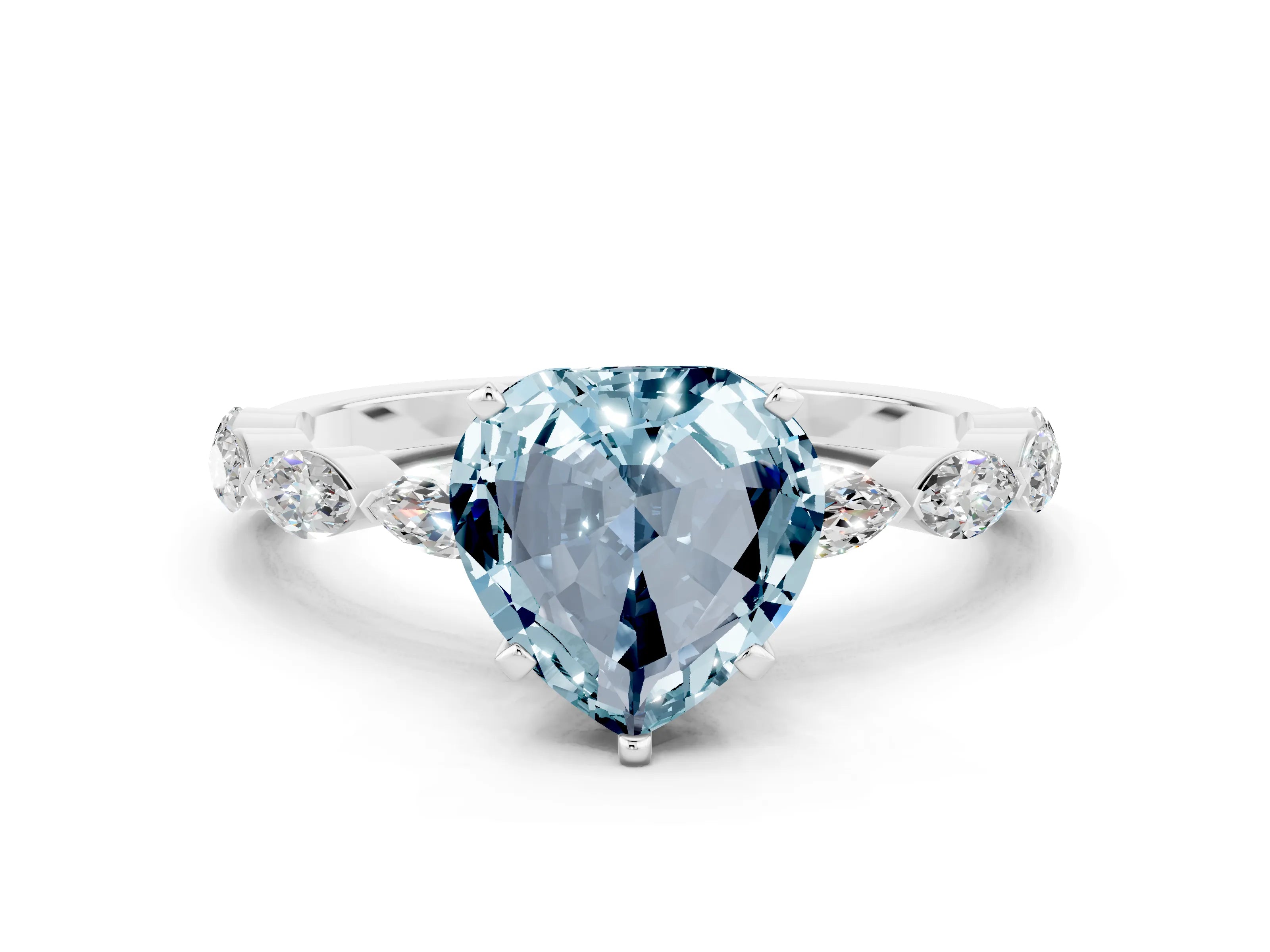 White gold Heart Cut Aquamarine Ring with Marquise Side Stones and Prong Setting