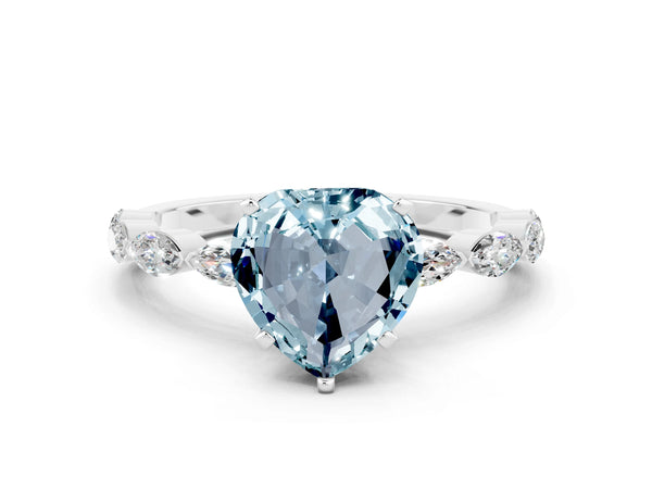Platinum Heart Cut Aquamarine Ring with Marquise Side Stones and Prong Setting