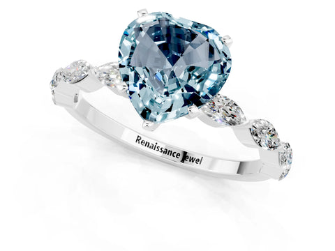 White gold Heart Cut Aquamarine Ring with Marquise Side Stones and Prong Setting_1