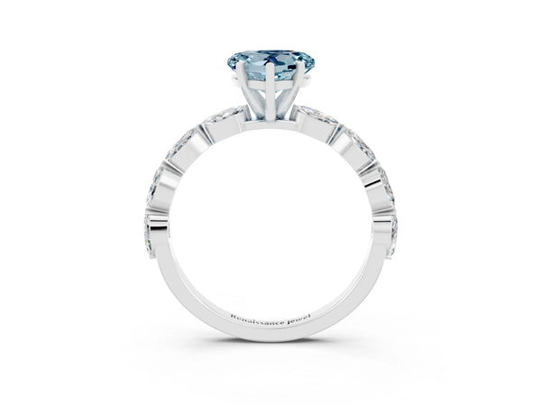 Platinum Heart Cut Aquamarine Ring with Marquise Side Stones and Prong Setting