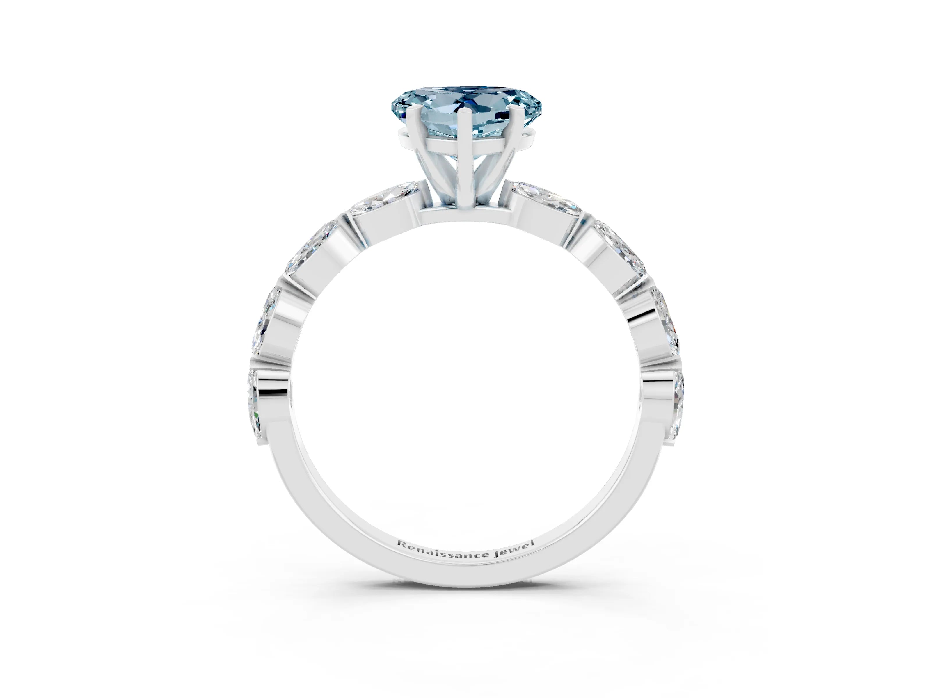 White gold Heart Cut Aquamarine Ring with Marquise Side Stones and Prong Setting_3