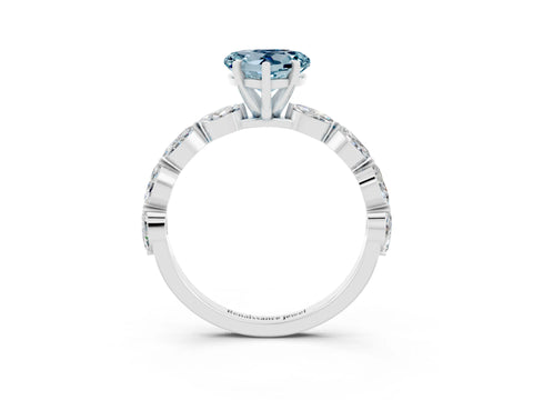 White gold Heart Cut Aquamarine Ring with Marquise Side Stones and Prong Setting_3