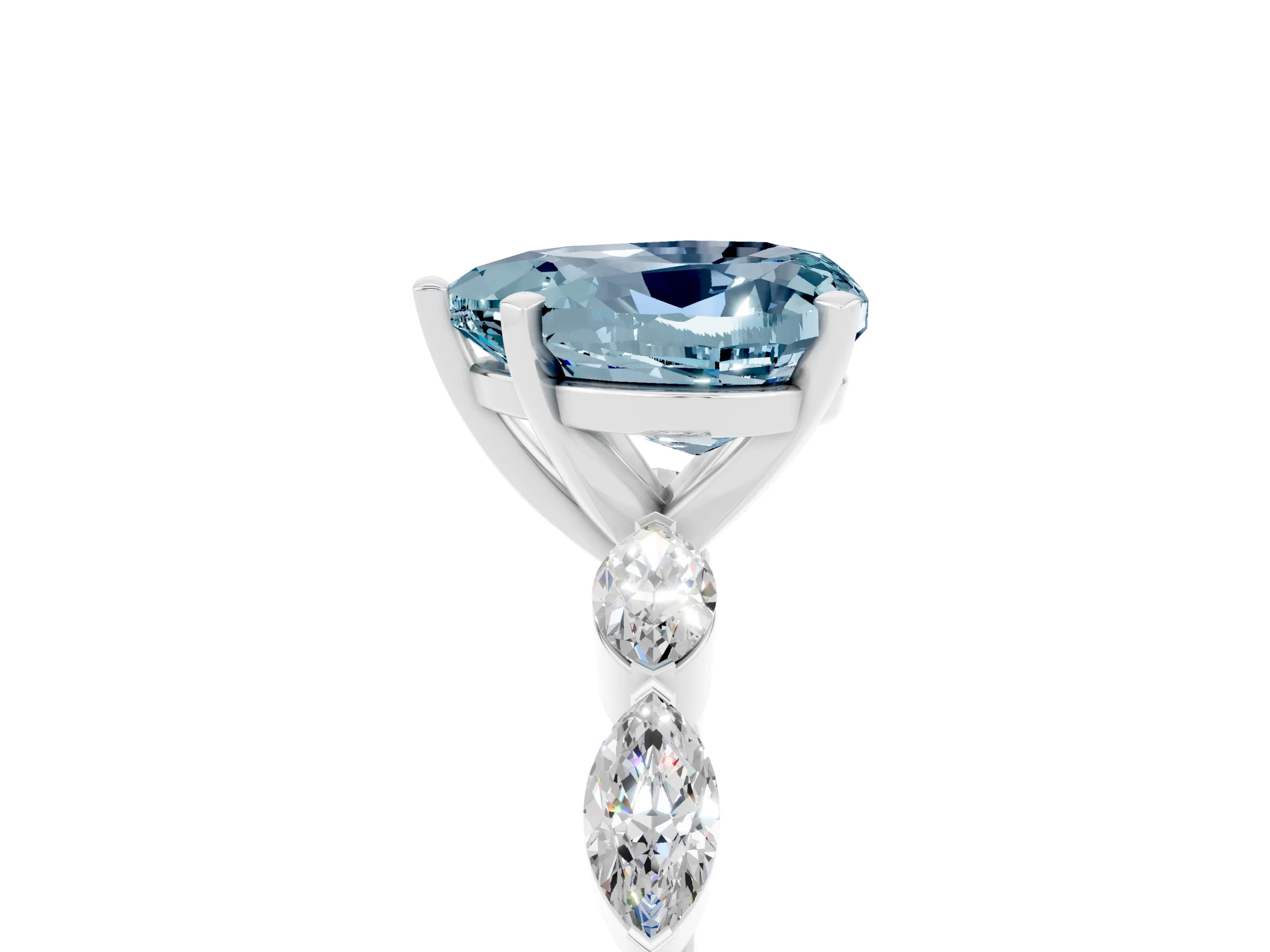 White gold Heart Cut Aquamarine Ring with Marquise Side Stones and Prong Setting_5