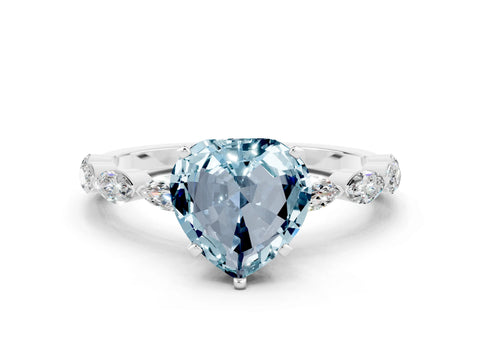 White gold Heart Cut Aquamarine Ring with Marquise Side Stones and Prong Setting