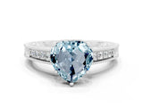 White gold Heart Cut Aquamarine Ring with Milgrain Pavé Band and Four-Prong Setting_12
