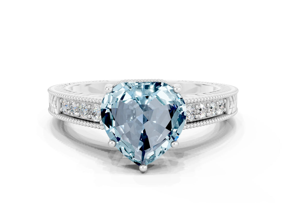 White gold Heart Cut Aquamarine Ring with Milgrain Pavé Band and Four-Prong Setting_12