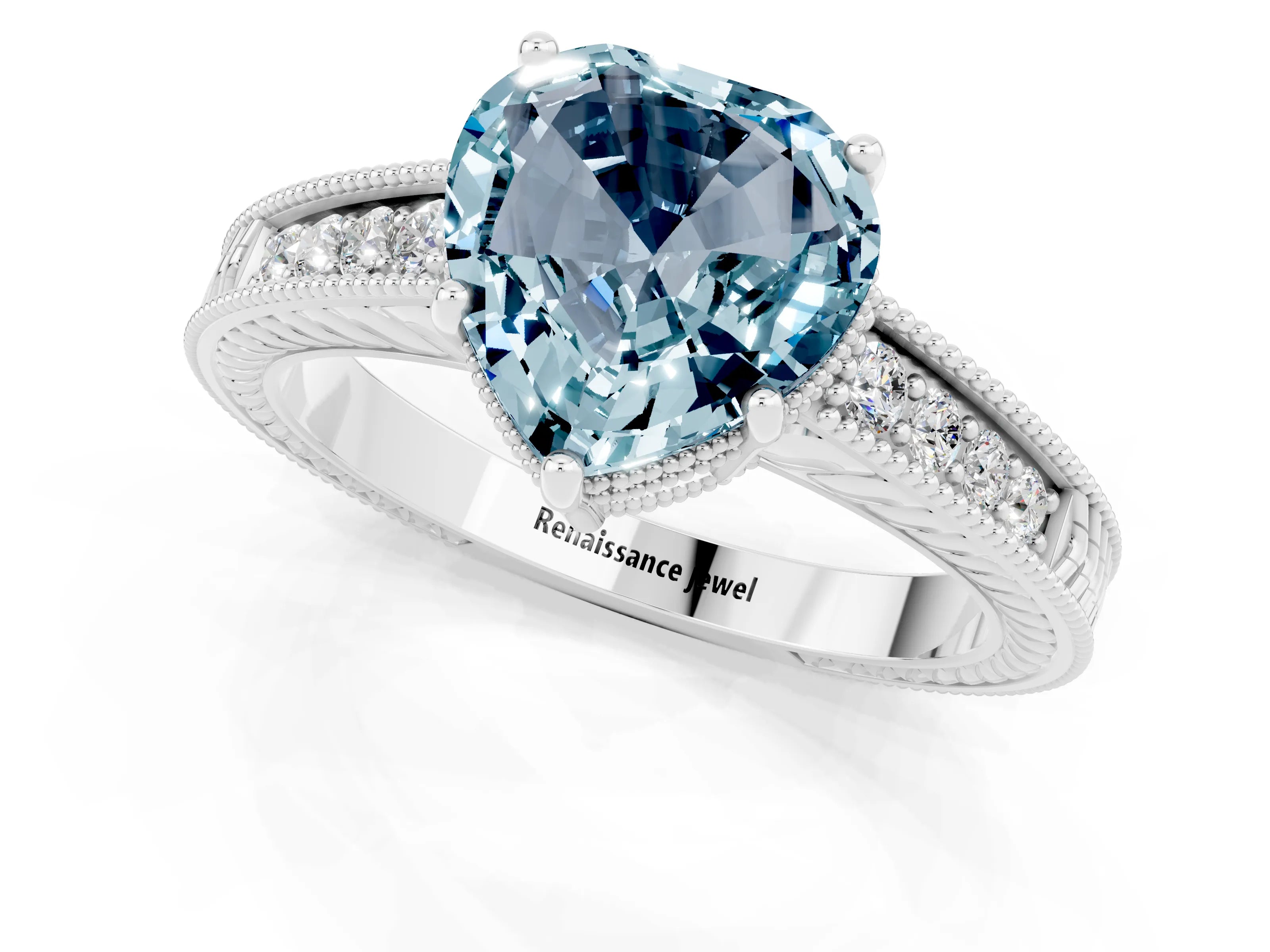 White gold Heart Cut Aquamarine Ring with Milgrain Pavé Band and Four-Prong Setting_13