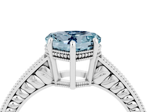White gold Heart Cut Aquamarine Ring with Milgrain Pavé Band and Four-Prong Setting_16
