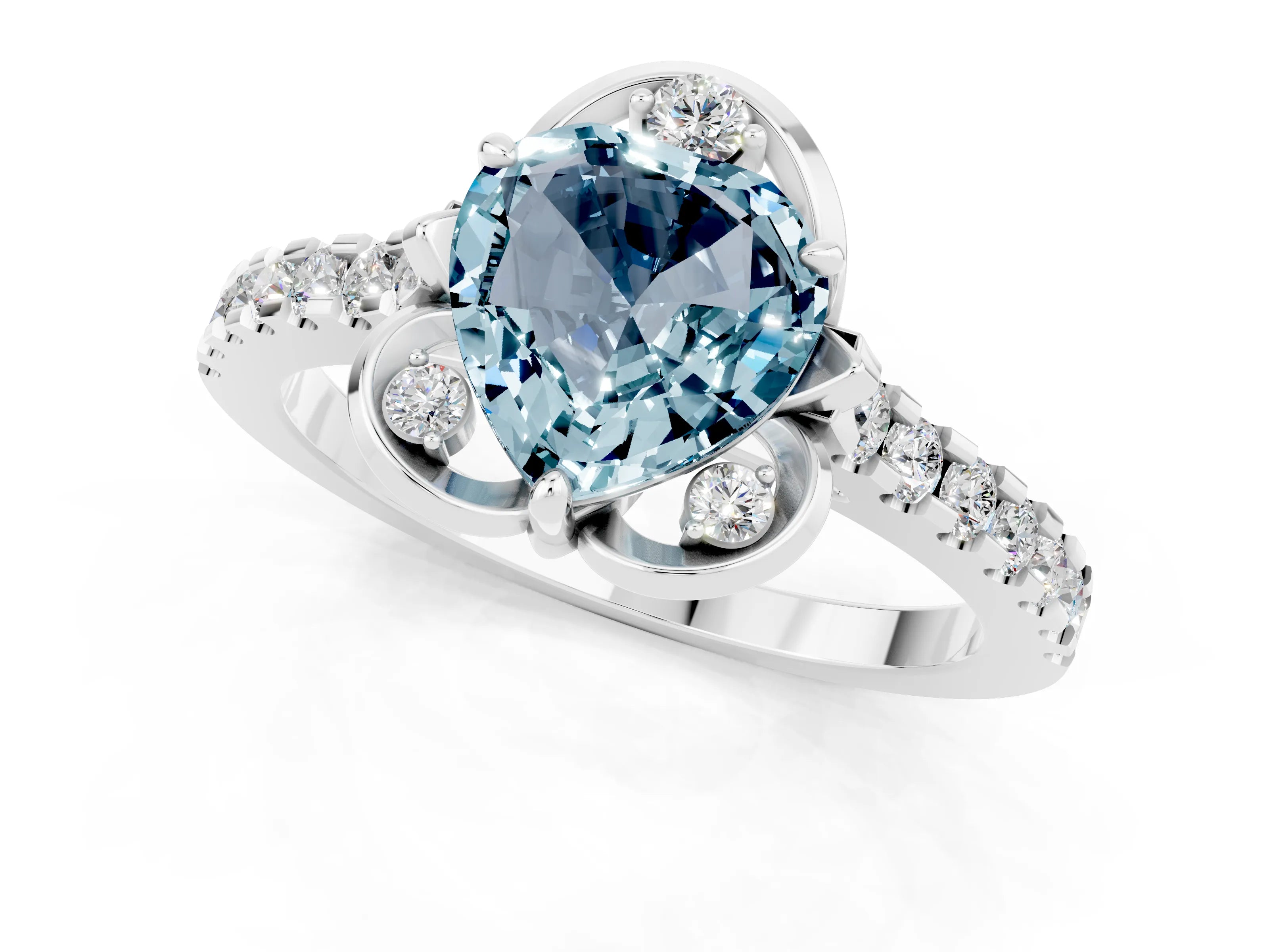 White gold Heart Cut Aquamarine Ring with Pavé Band and Floral Prong Setting_1