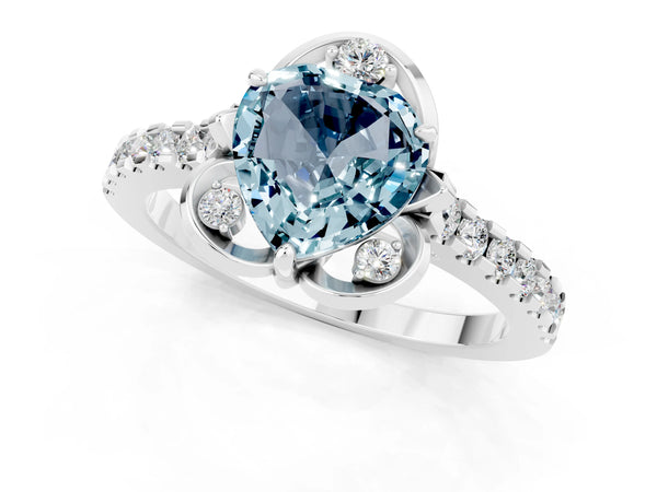 Silver Heart Cut Aquamarine Ring with Pavé Band and Floral Prong Setting
