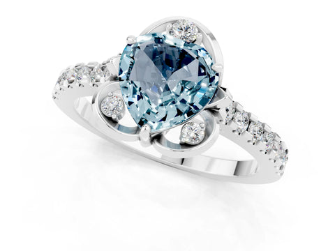 White gold Heart Cut Aquamarine Ring with Pavé Band and Floral Prong Setting_1