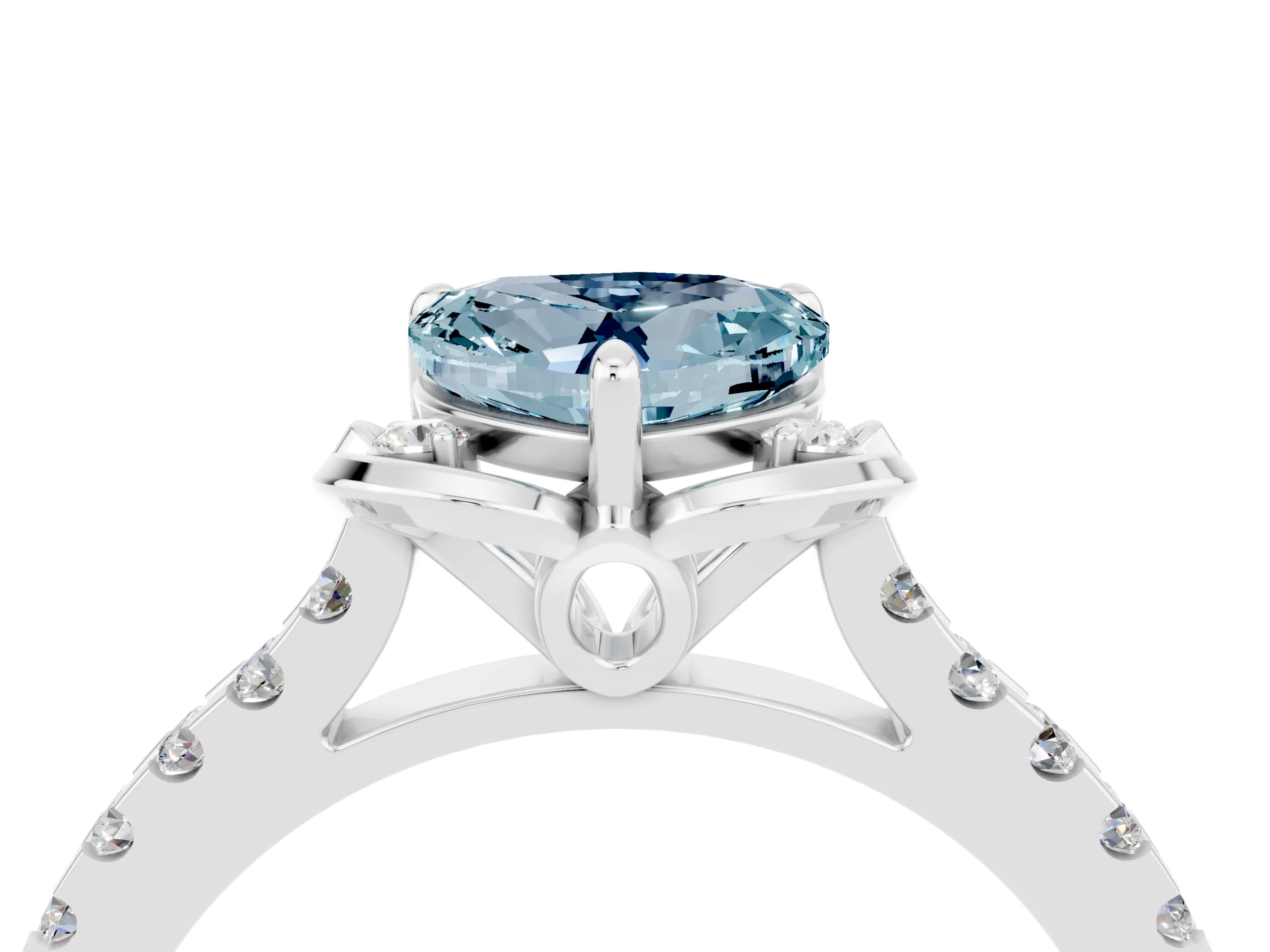 White gold Heart Cut Aquamarine Ring with Pavé Band and Floral Prong Setting_4