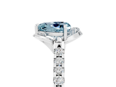 White gold Heart Cut Aquamarine Ring with Pavé Band and Floral Prong Setting_5