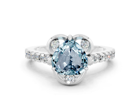 White gold Heart Cut Aquamarine Ring with Pavé Band and Floral Prong Setting