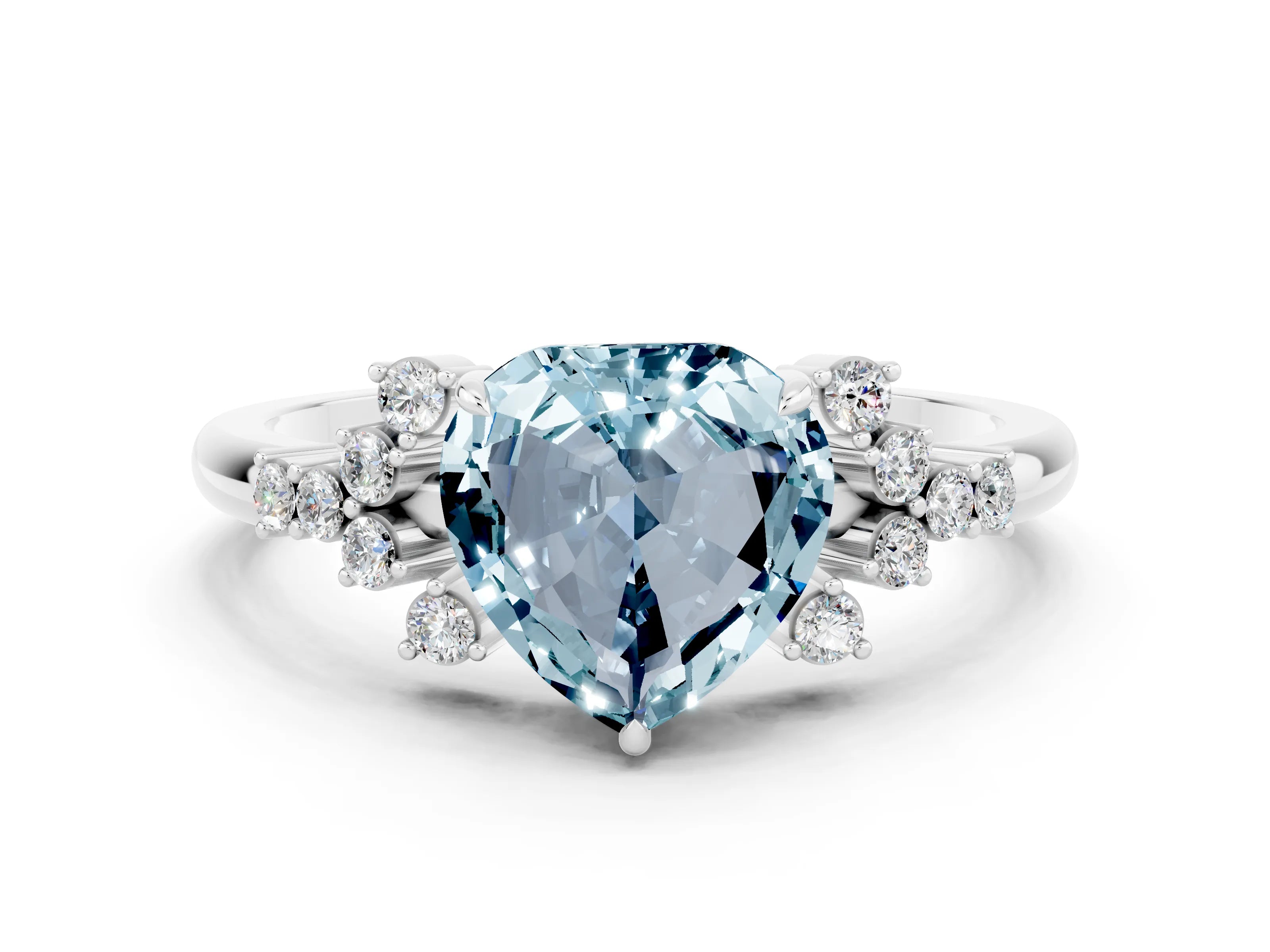 White gold Heart Cut Aquamarine Ring with Side Stones and Four-Prong Setting_36