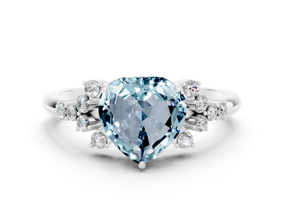 White gold Heart Cut Aquamarine Ring with Side Stones and Four-Prong Setting_36