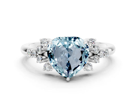 White gold Heart Cut Aquamarine Ring with Side Stones and Four-Prong Setting_36