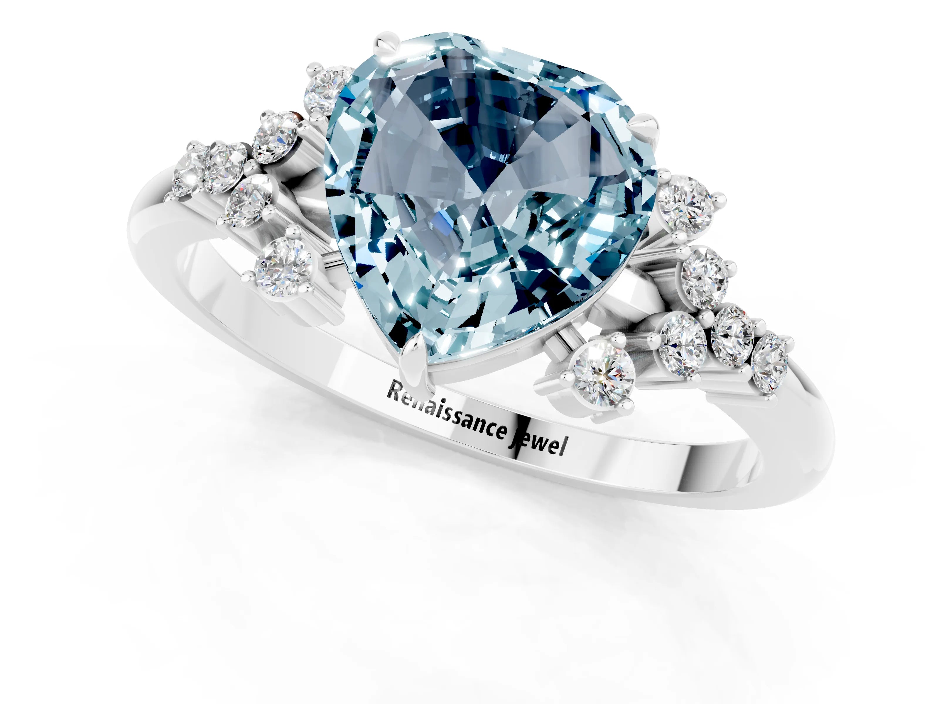 White gold Heart Cut Aquamarine Ring with Side Stones and Four-Prong Setting_37