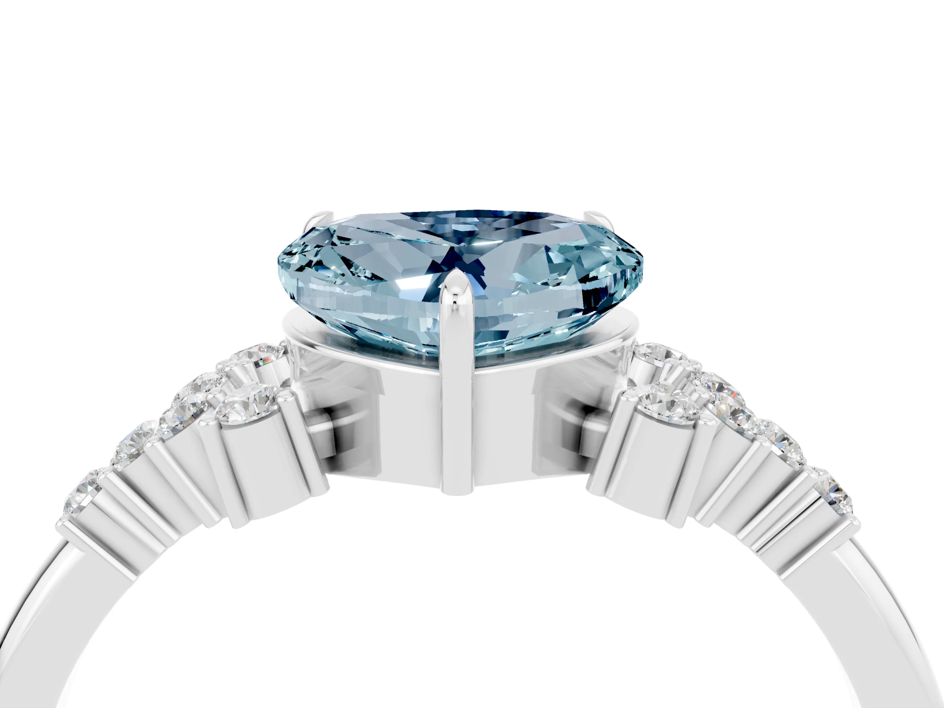 White gold Heart Cut Aquamarine Ring with Side Stones and Four-Prong Setting_40