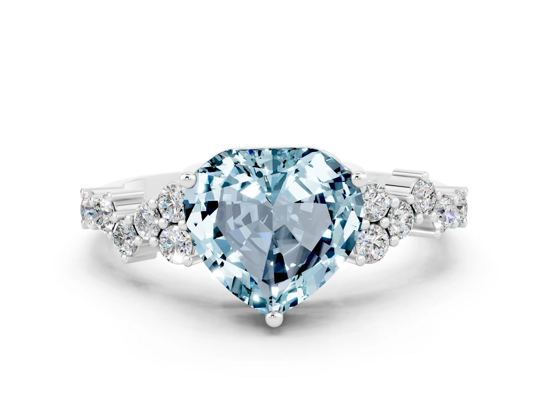 White gold Heart Cut Aquamarine Scattered Round Accent Ring with Prong Setting_24
