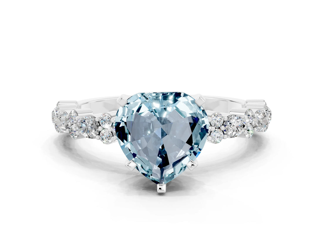 White gold Heart Cut Aquamarine Side Stone Solitaire Ring with Round  and Four-Prong Setting_48