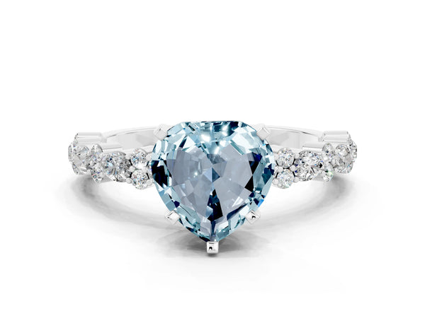 White gold Heart Cut Aquamarine Side Stone Solitaire Ring with Round  and Four-Prong Setting