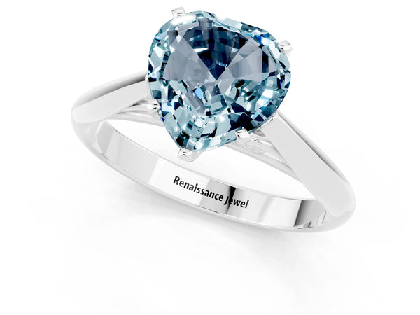 Platinum Heart Cut Aquamarine Solitaire Engagement Ring with Cathedral Setting and Four-Prong Mount