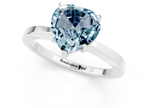 Silver Heart Cut Aquamarine Solitaire Engagement Ring with Classic Band and Four-Prong Setting