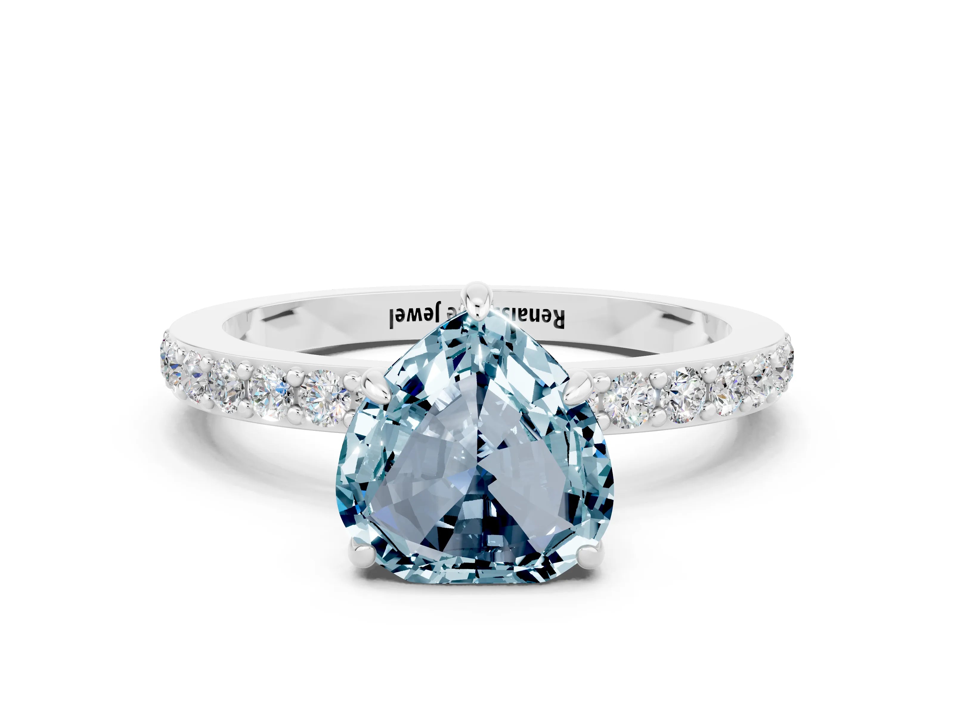 White gold Heart Cut Aquamarine Solitaire Engagement Ring with Pavé Band and Four-Prong Setting