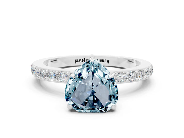 Platinum Heart Cut Aquamarine Solitaire Engagement Ring with Pavé Band and Four-Prong Setting