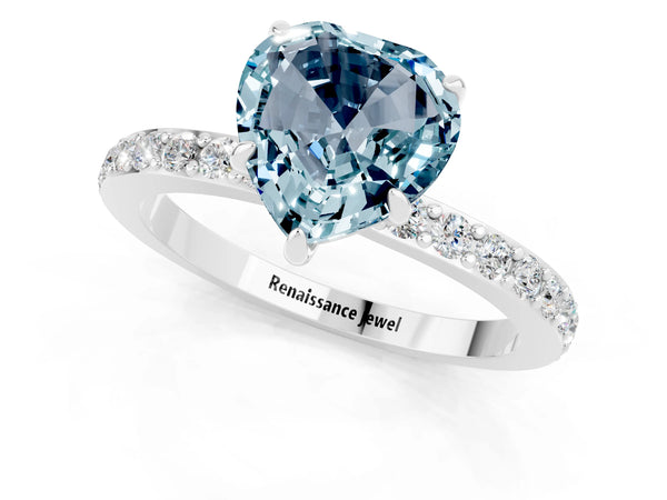 Platinum Heart Cut Aquamarine Solitaire Engagement Ring with Pavé Band and Four-Prong Setting