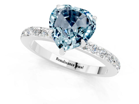 White gold Heart Cut Aquamarine Solitaire Engagement Ring with Pavé Band and Four-Prong Setting_1