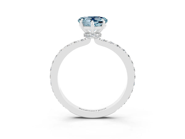 Silver Heart Cut Aquamarine Solitaire Engagement Ring with Pavé Band and Four-Prong Setting
