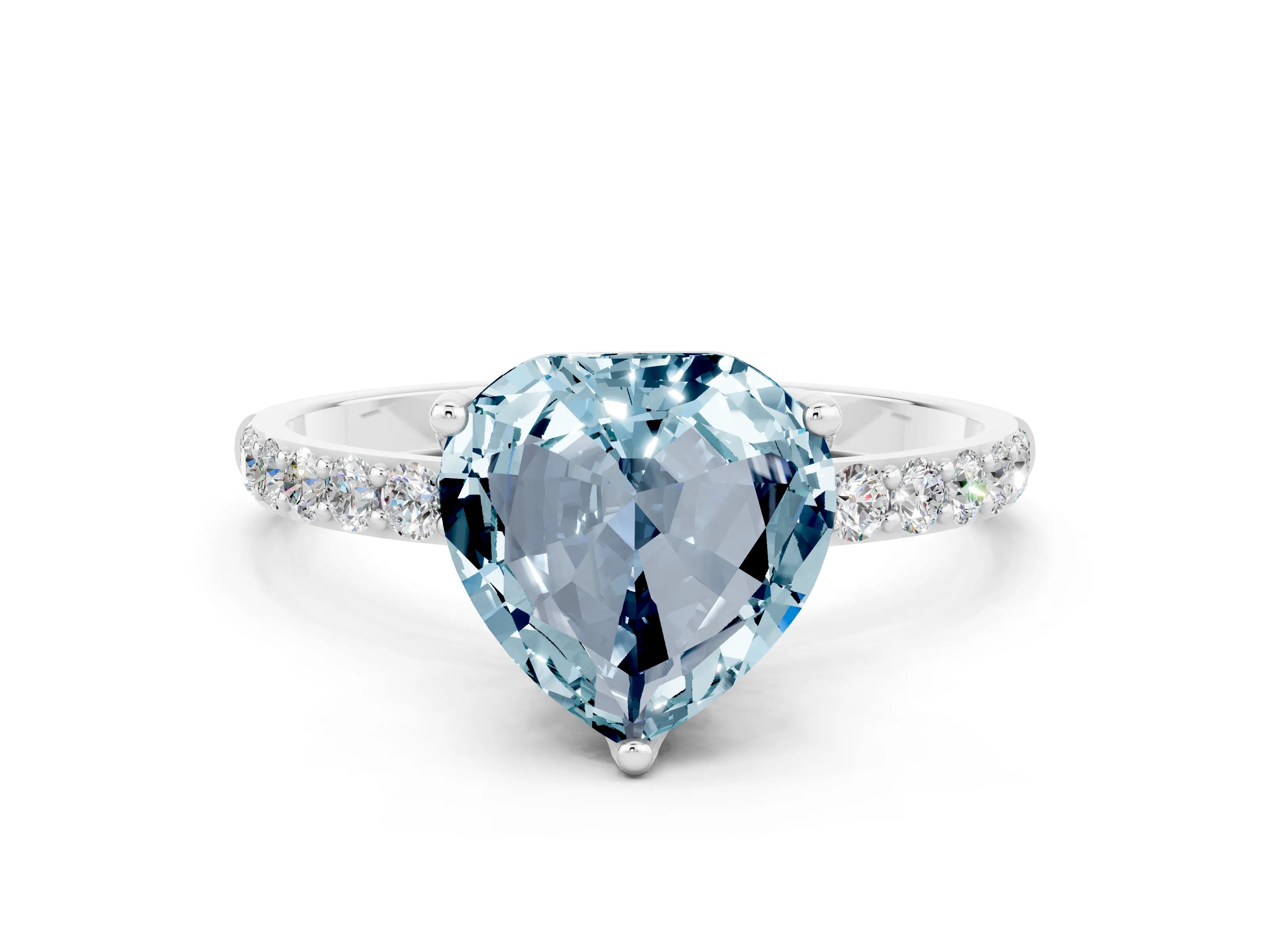 White gold Heart Cut Aquamarine Solitaire Engagement Ring with Pavé Band and Prong Setting