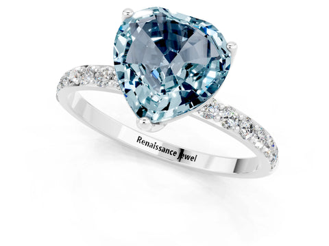 White gold Heart Cut Aquamarine Solitaire Engagement Ring with Pavé Band and Prong Setting_1