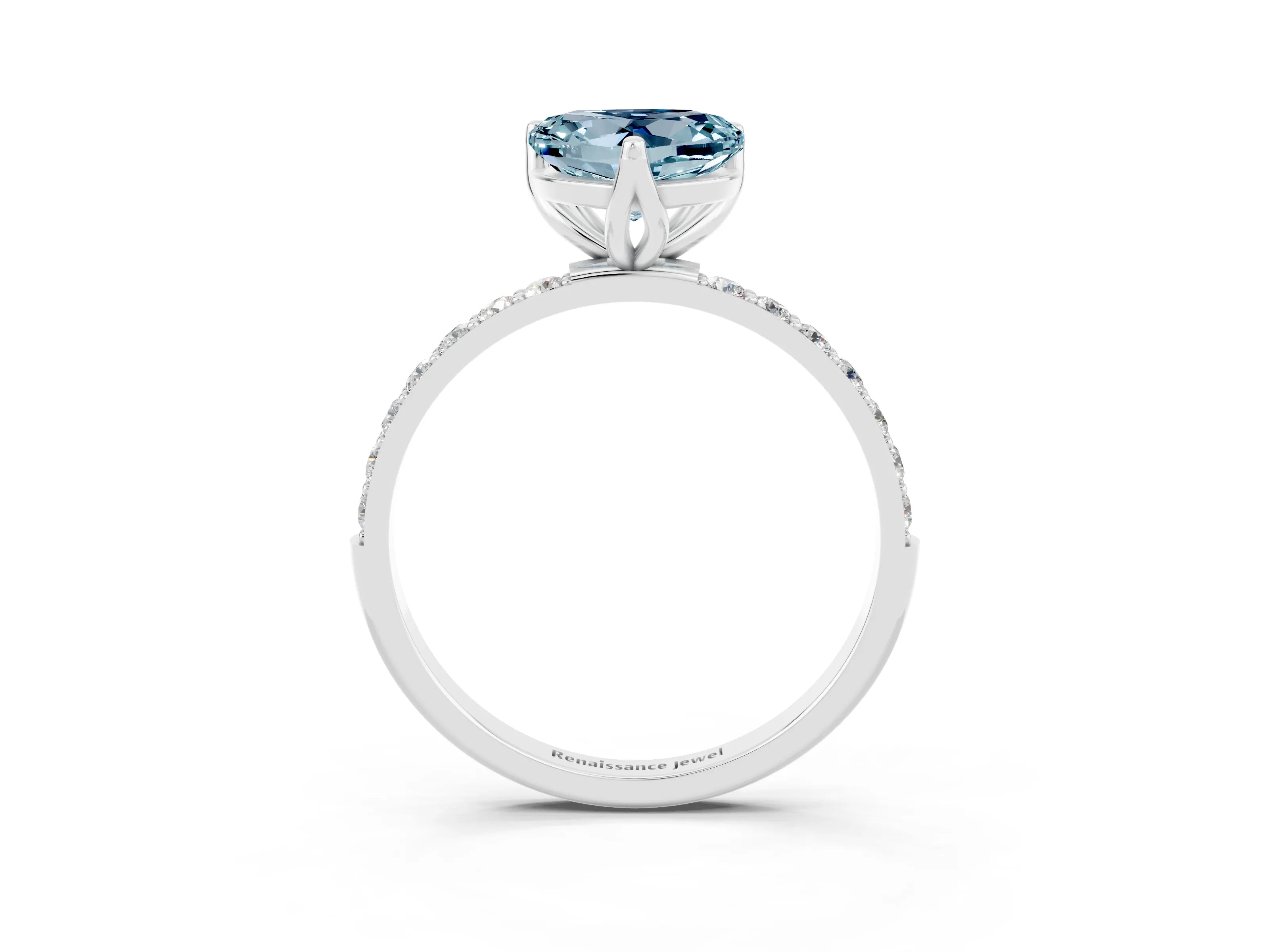 White gold Heart Cut Aquamarine Solitaire Engagement Ring with Pavé Band and Prong Setting_3