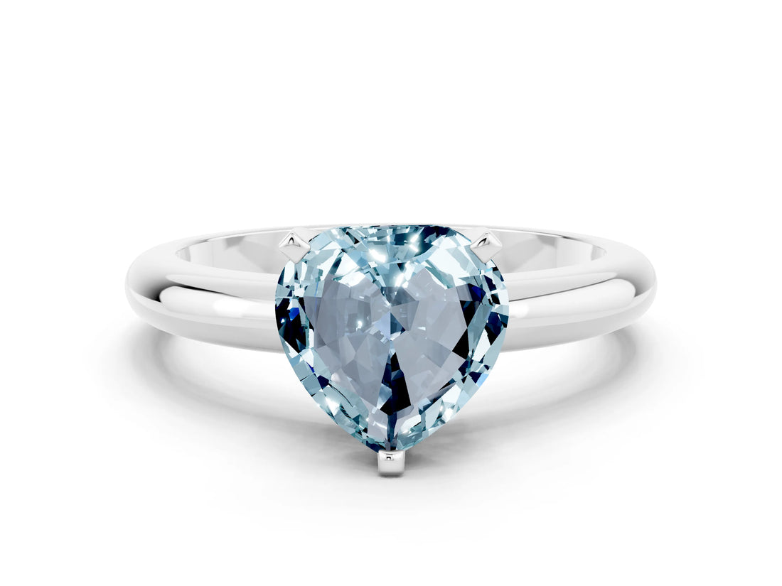 White gold Heart Cut Aquamarine Solitaire Engagement Ring with Round Band and Four-Prong Setting