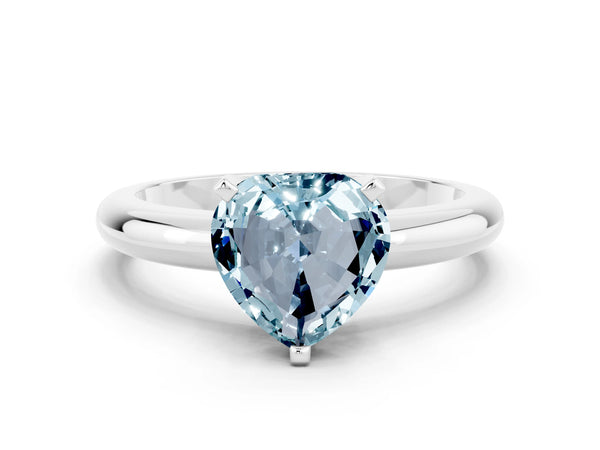 White gold Heart Cut Aquamarine Solitaire Engagement Ring with Round Band and Four-Prong Setting