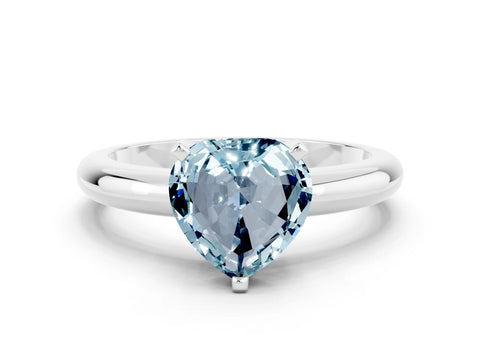 White gold Heart Cut Aquamarine Solitaire Engagement Ring with Round Band and Four-Prong Setting