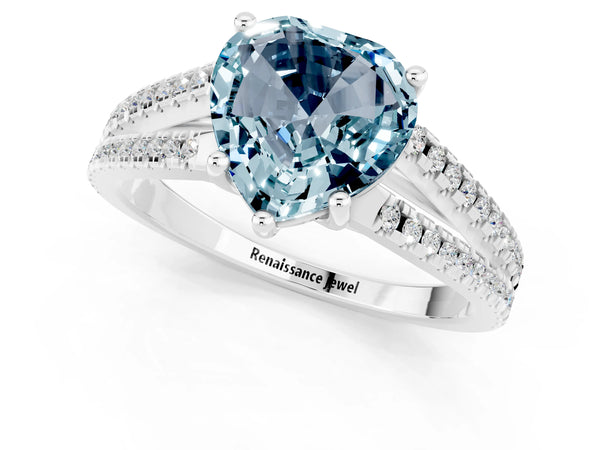 Silver Heart Cut Aquamarine Solitaire Engagement Ring with Split Shank Pavé Band