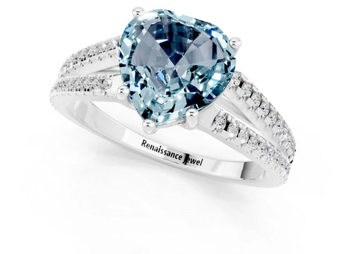White gold Heart Cut Aquamarine Solitaire Engagement Ring with Split Shank Pavé Band_1