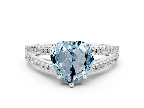 White gold Heart Cut Aquamarine Solitaire Engagement Ring with Split Shank Pavé Band