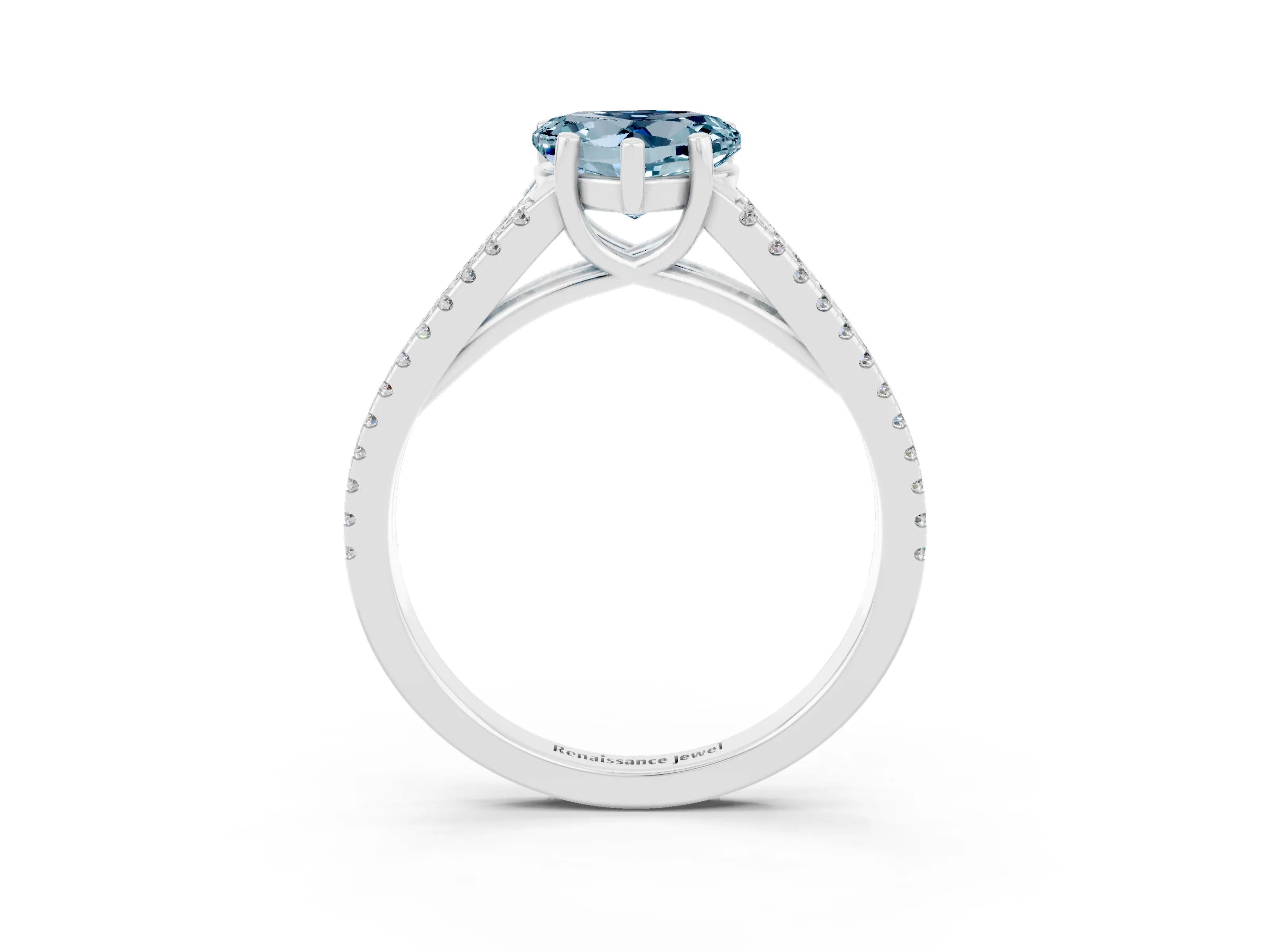 White gold Heart Cut Aquamarine Solitaire Engagement Ring with Split Shank Pavé Band_3